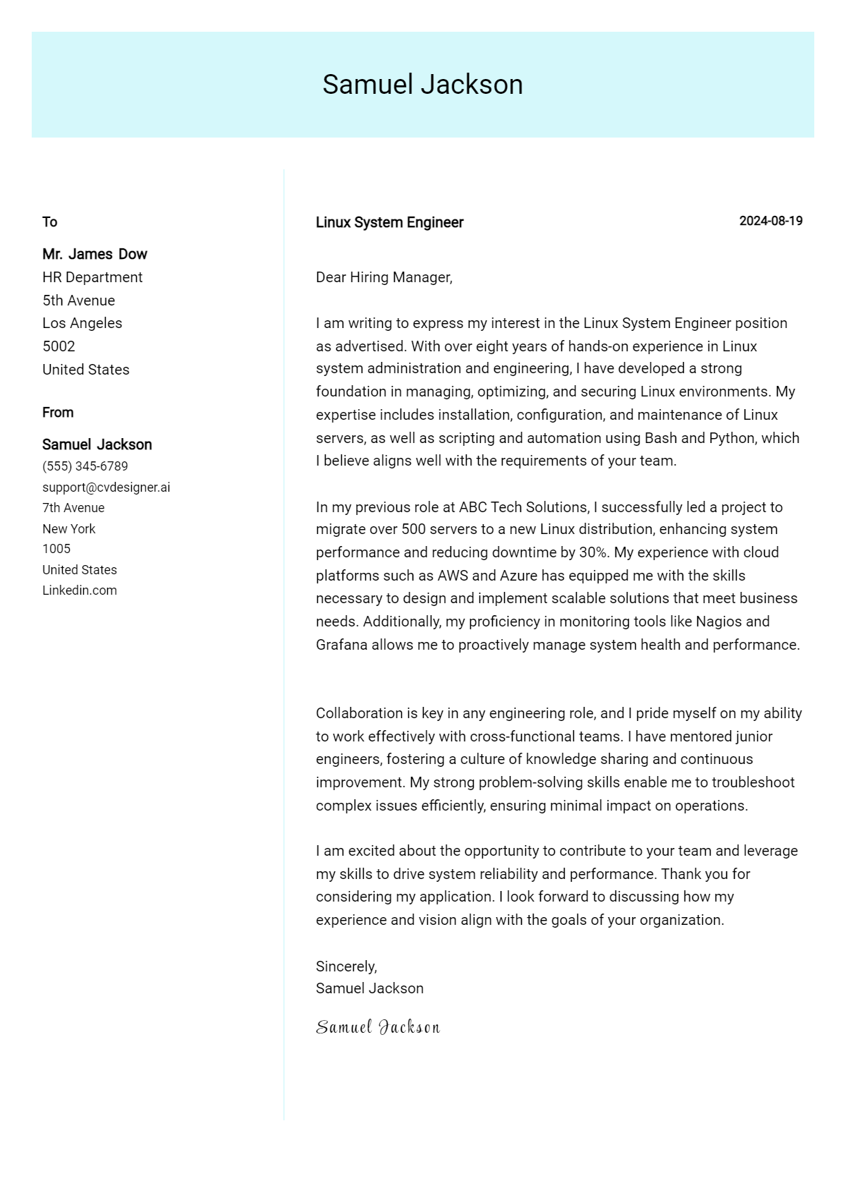 Linux System Engineer Cover Letter Example for 2026: Top CV Skills Preview