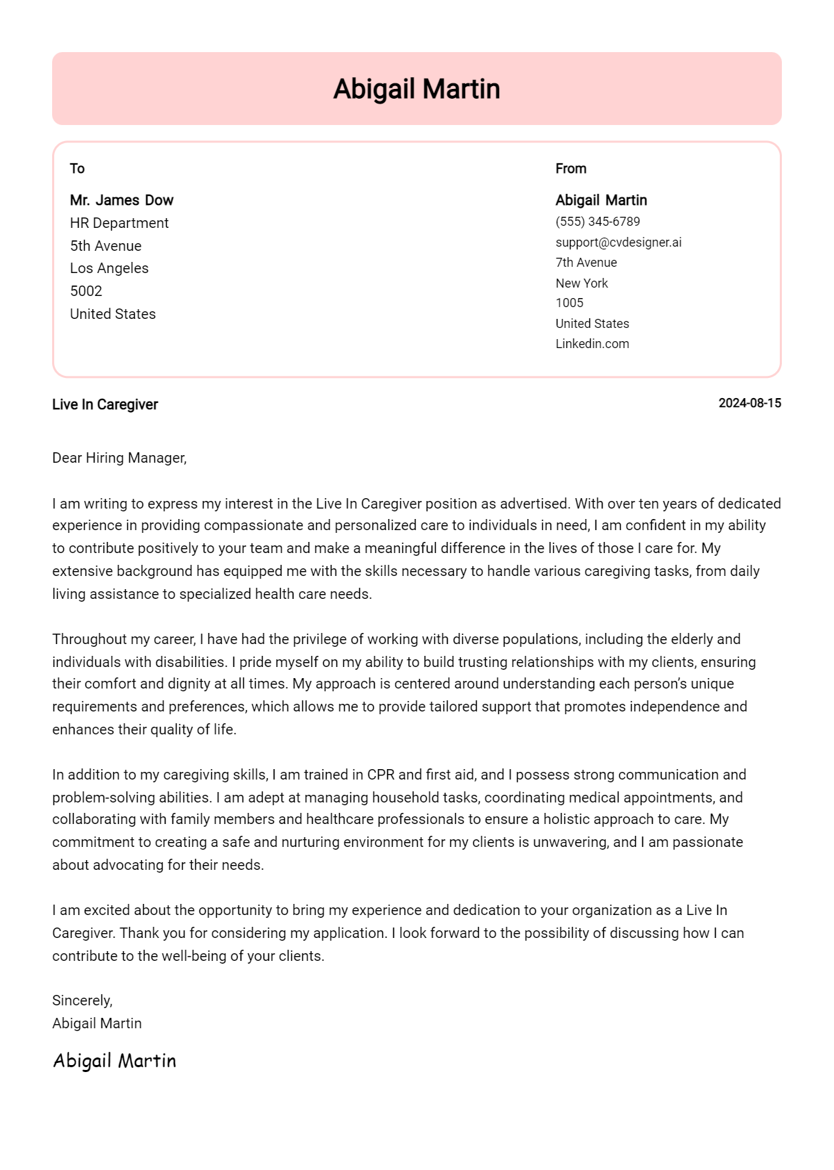 Live In Caregiver Cover Letter Examples & Samples for 2026 Preview