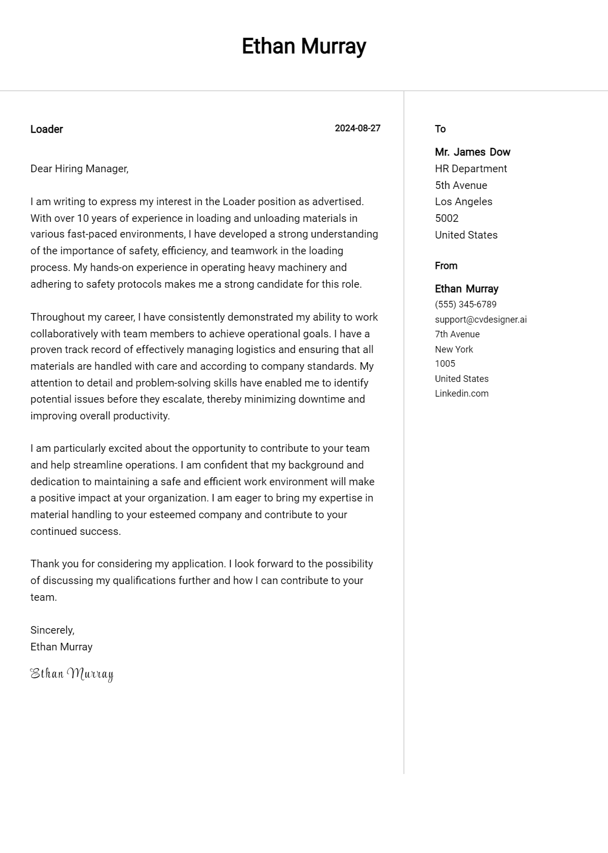 Loader Cover Letter Example for 2026 (Download Templates) Preview