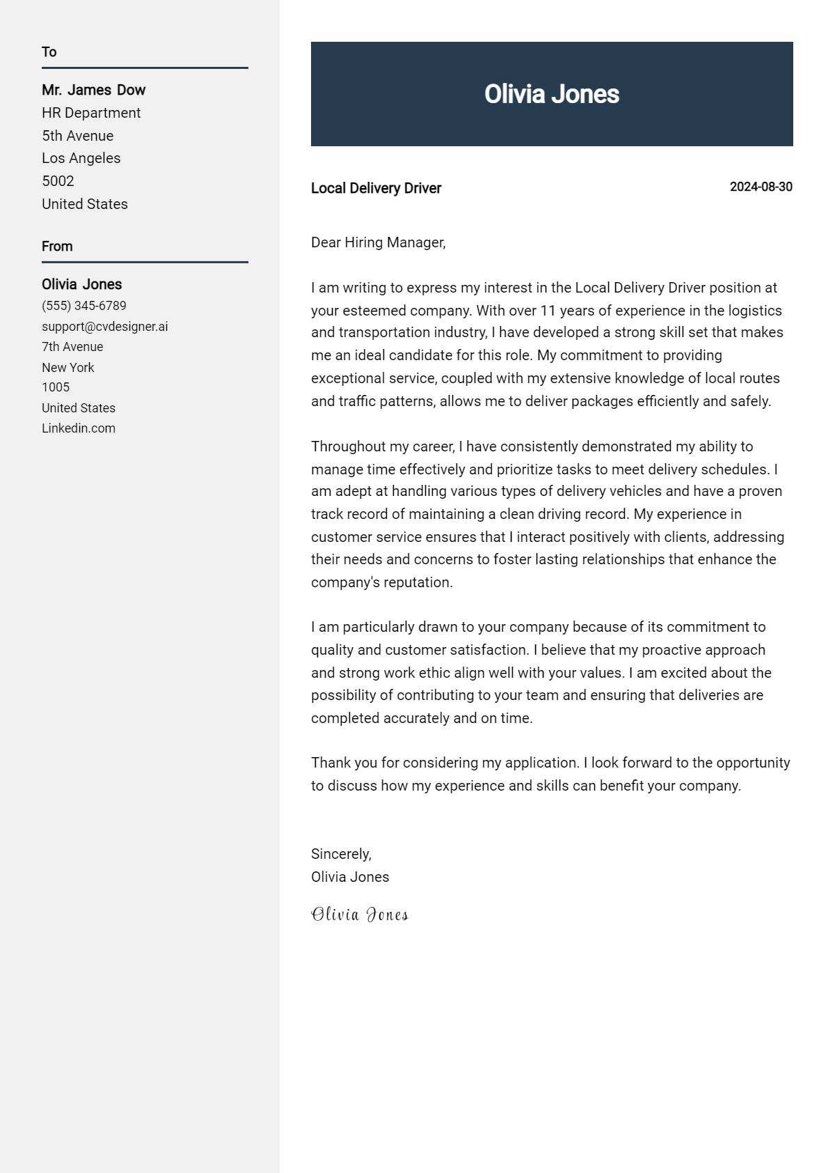 Local Delivery Driver Cover Letter Example for 2026: Top CV Skills Preview