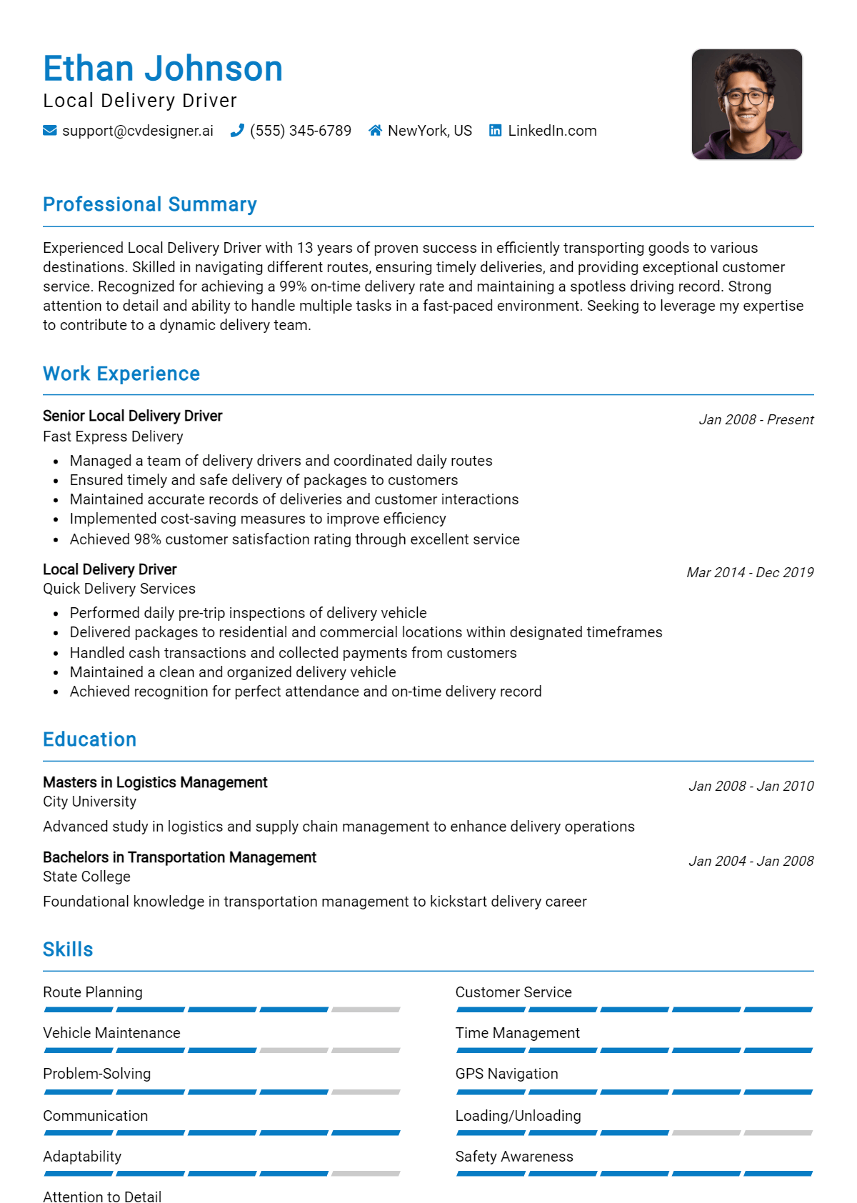 Local Delivery Driver Resume Example for 2026: Free Downloadable Templates Preview