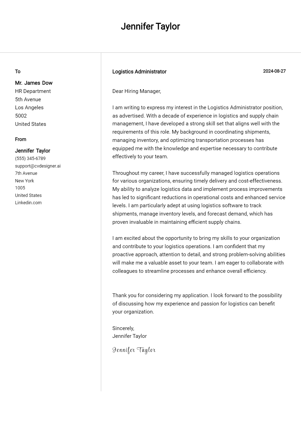 Logistics Administrator Cover Letter Example for 2026 (Writing Guide) Preview