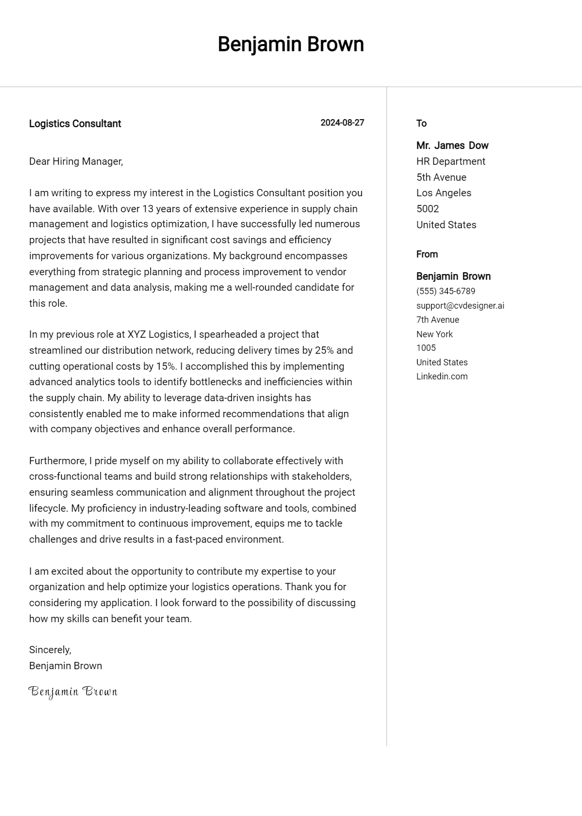 Logistics Consultant Cover Letter Example for 2026 (Writing Guide) Preview