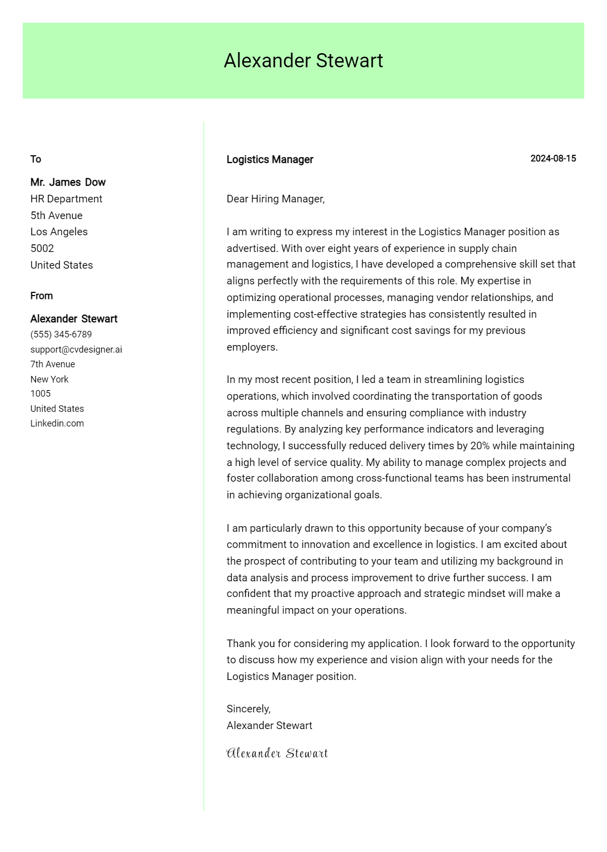 Logistics Manager Cover Letter Example for 2026: Tips & Templates Preview