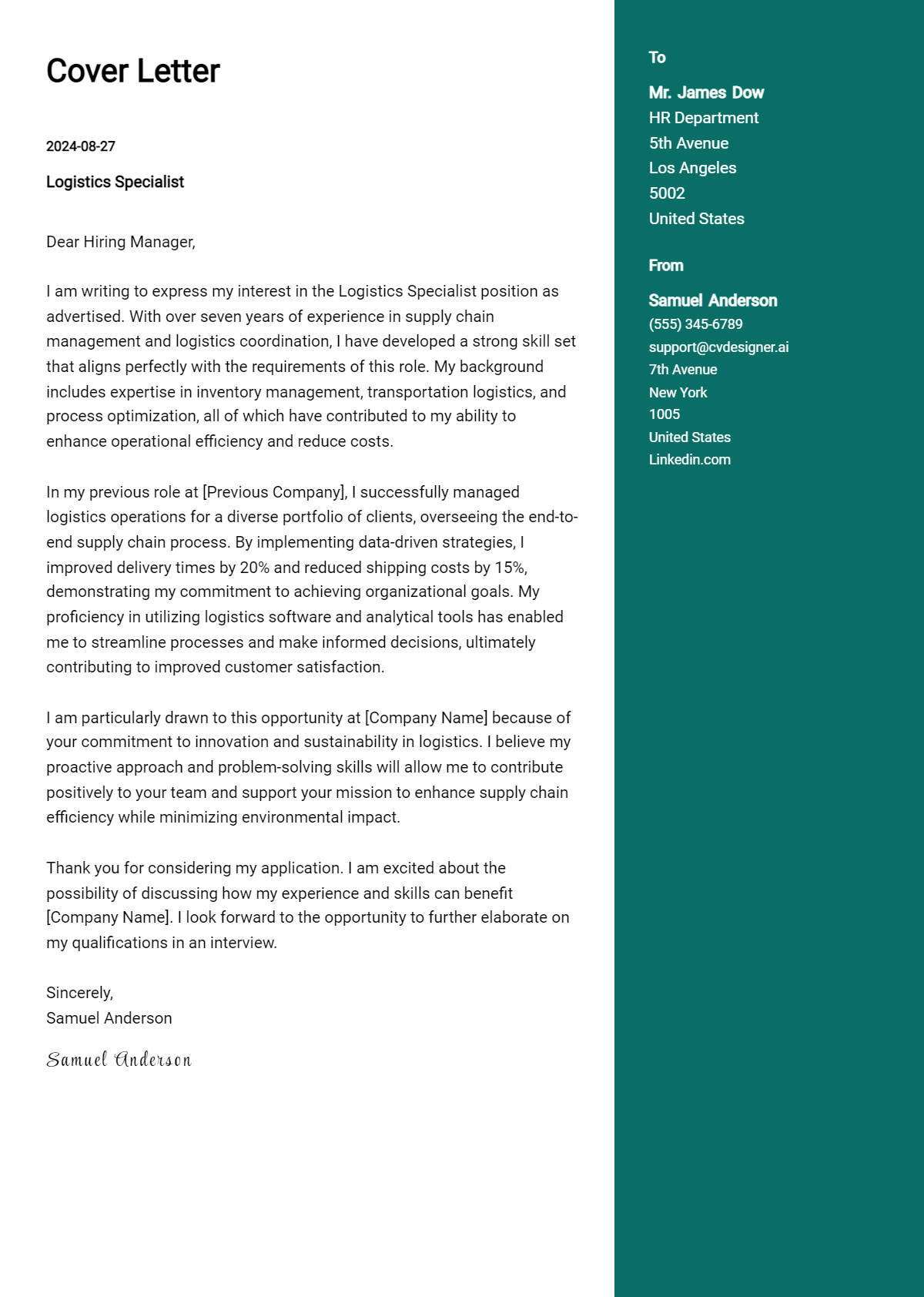 Logistics Specialist Cover Letter Example for 2026 (Complete Writing Guide) Preview