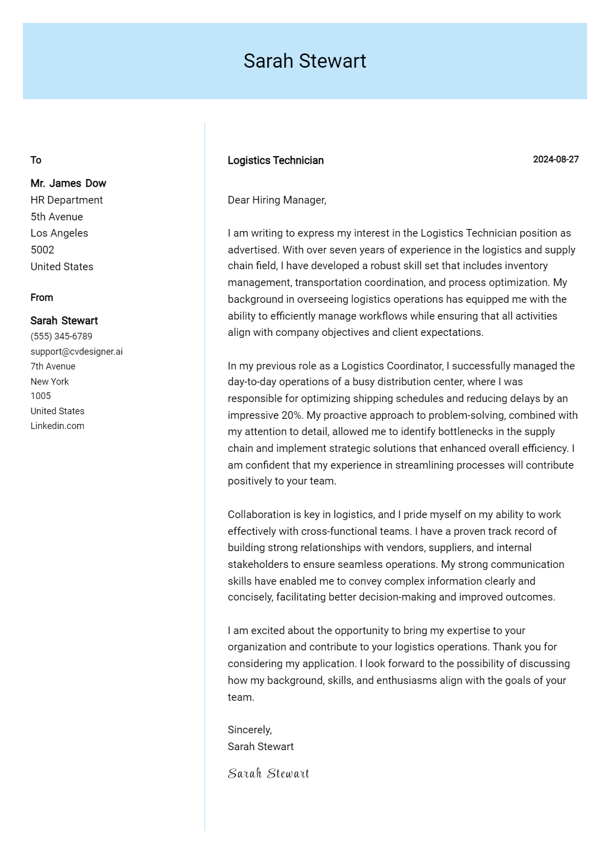 Logistics Technician Cover Letter Example for 2026: Ultimate Guide Preview