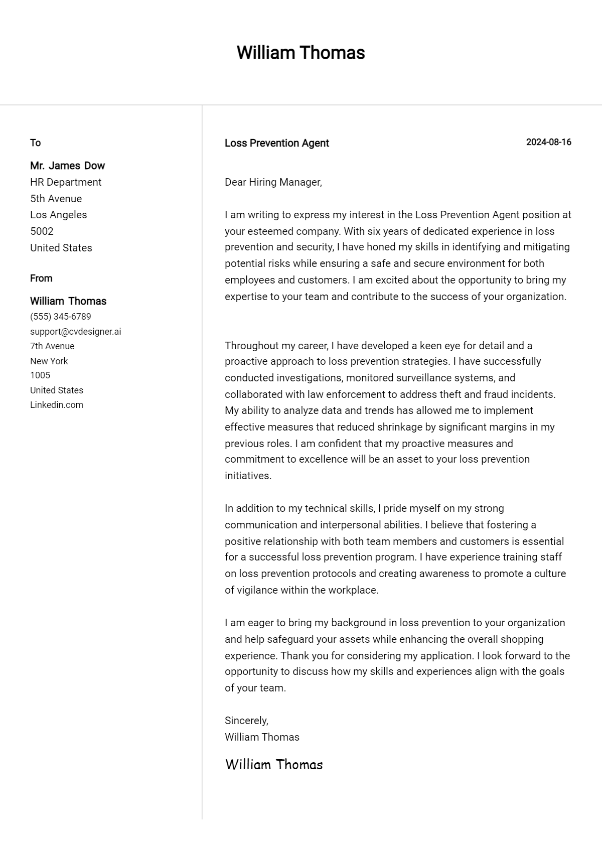 Loss Prevention Agent Cover Letter Example for 2026 (Download Templates) Preview