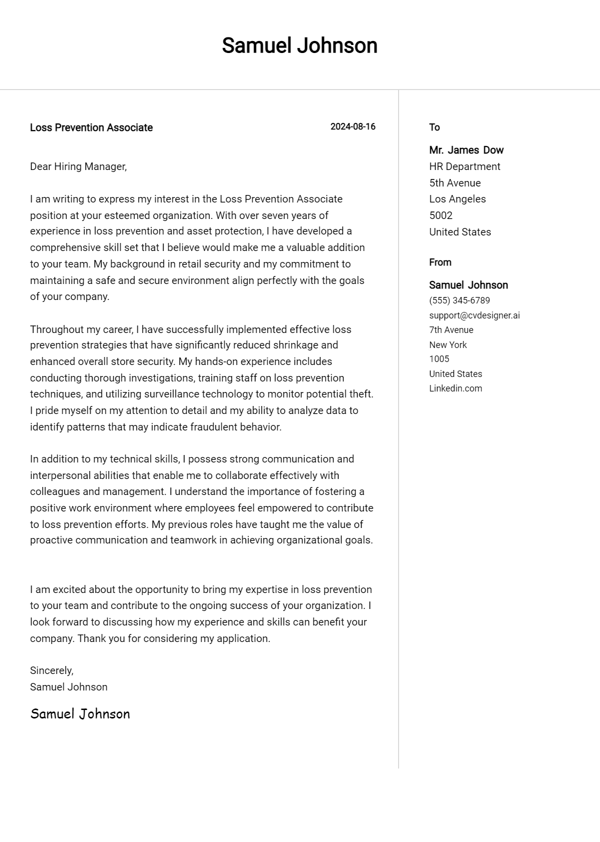 Loss Prevention Associate Cover Letter Example for 2026 (Free Templates) Preview