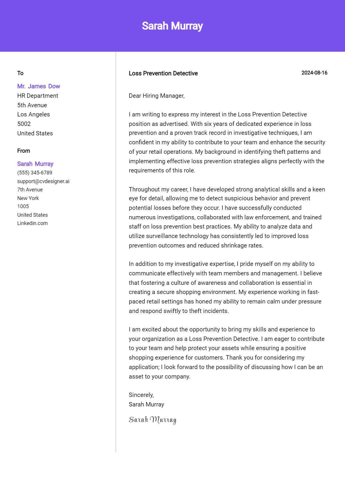 Loss Prevention Detective Cover Letter Example for 2026 (Free Templates) Preview