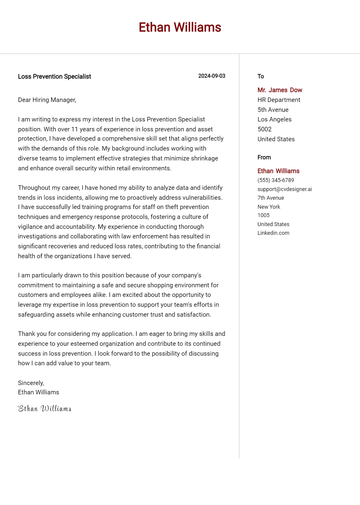 Loss Prevention Specialist Cover Letter Example for 2026 (Free Templates) Preview