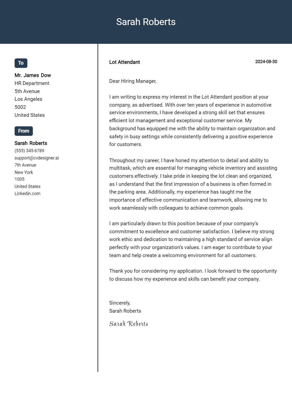 Lot Attendant Cover Letter Example for 2026: Top CV Skills Preview