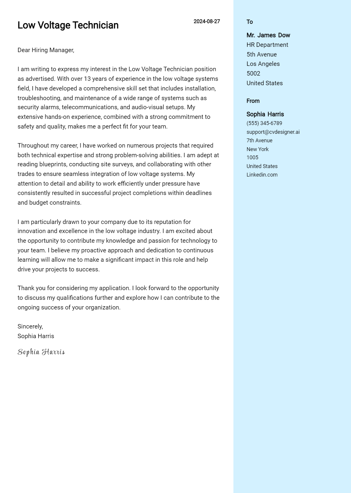 Low Voltage Technician Cover Letter Examples & Samples for 2026 Preview