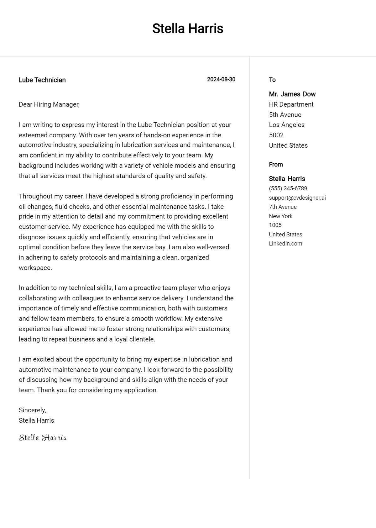 Lube Technician Cover Letter Examples with Writing Tips for 2026 Preview