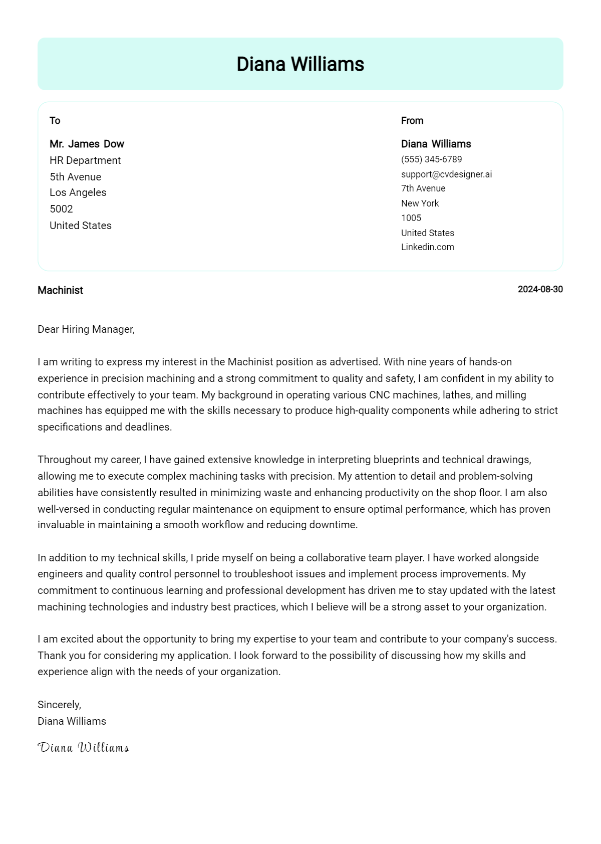 Machinist Cover Letter Example for 2026 (Writing Guide) Preview