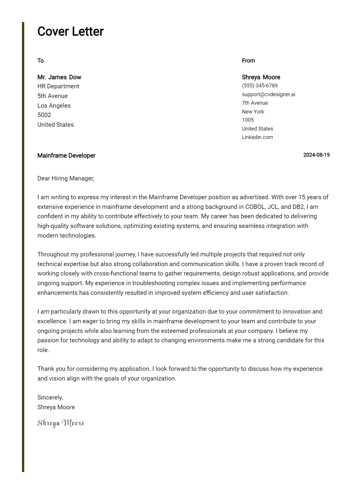 Mainframe Developer Cover Letter Examples & Samples for 2026 Preview