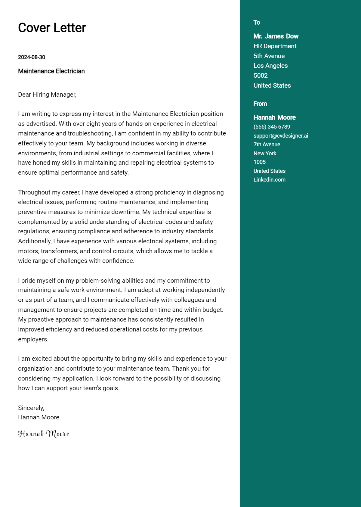 7 Maintenance Electrician Cover Letter Examples for 2026 (Downloadable) Preview