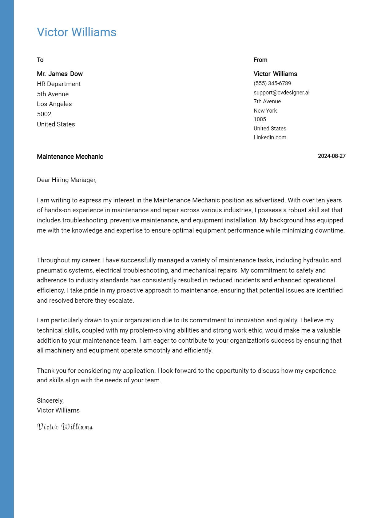 Maintenance Mechanic Cover Letter Example for 2026: Tips & Templates Preview