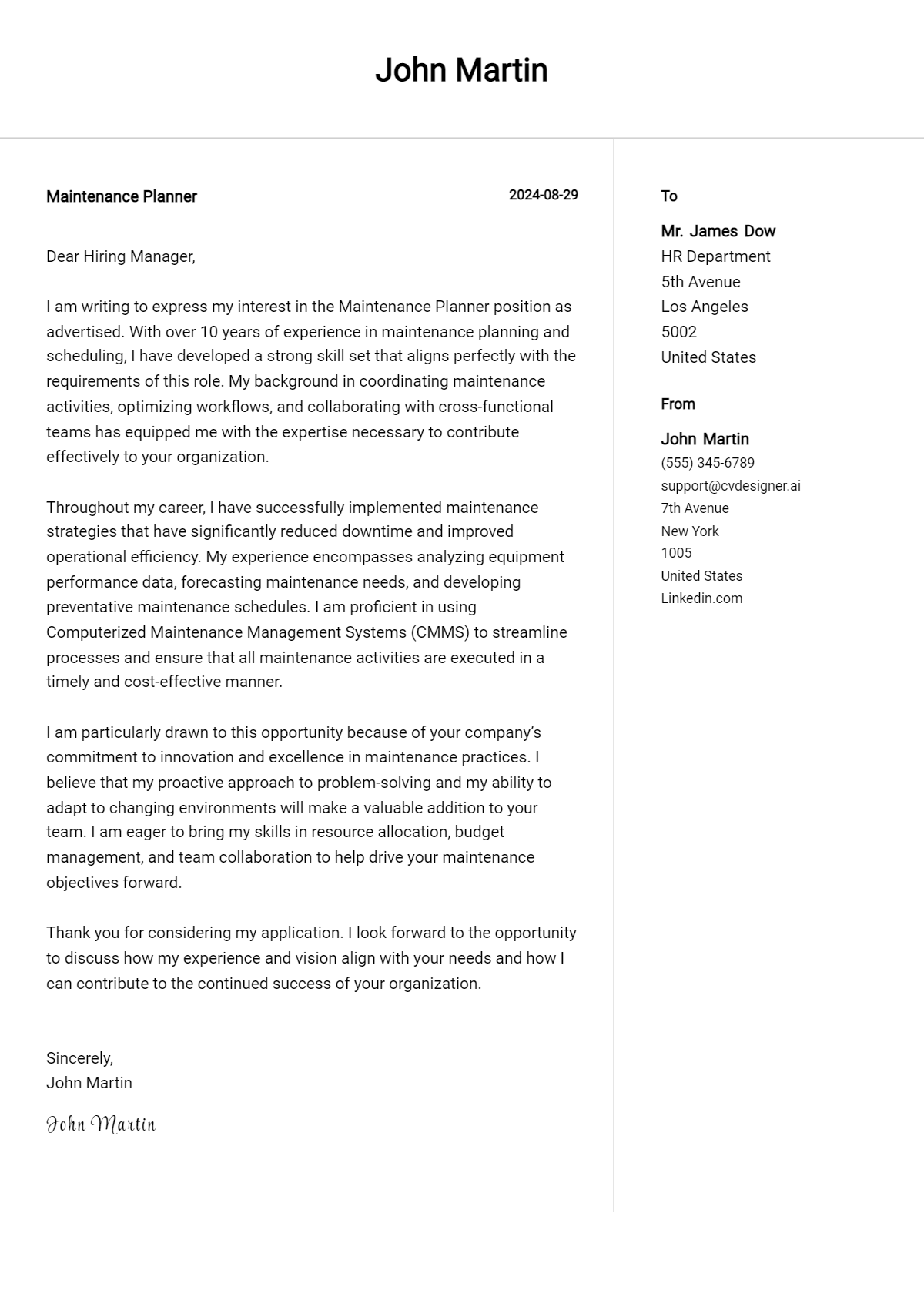 Maintenance Planner Cover Letter Examples and Templates for 2026 Preview