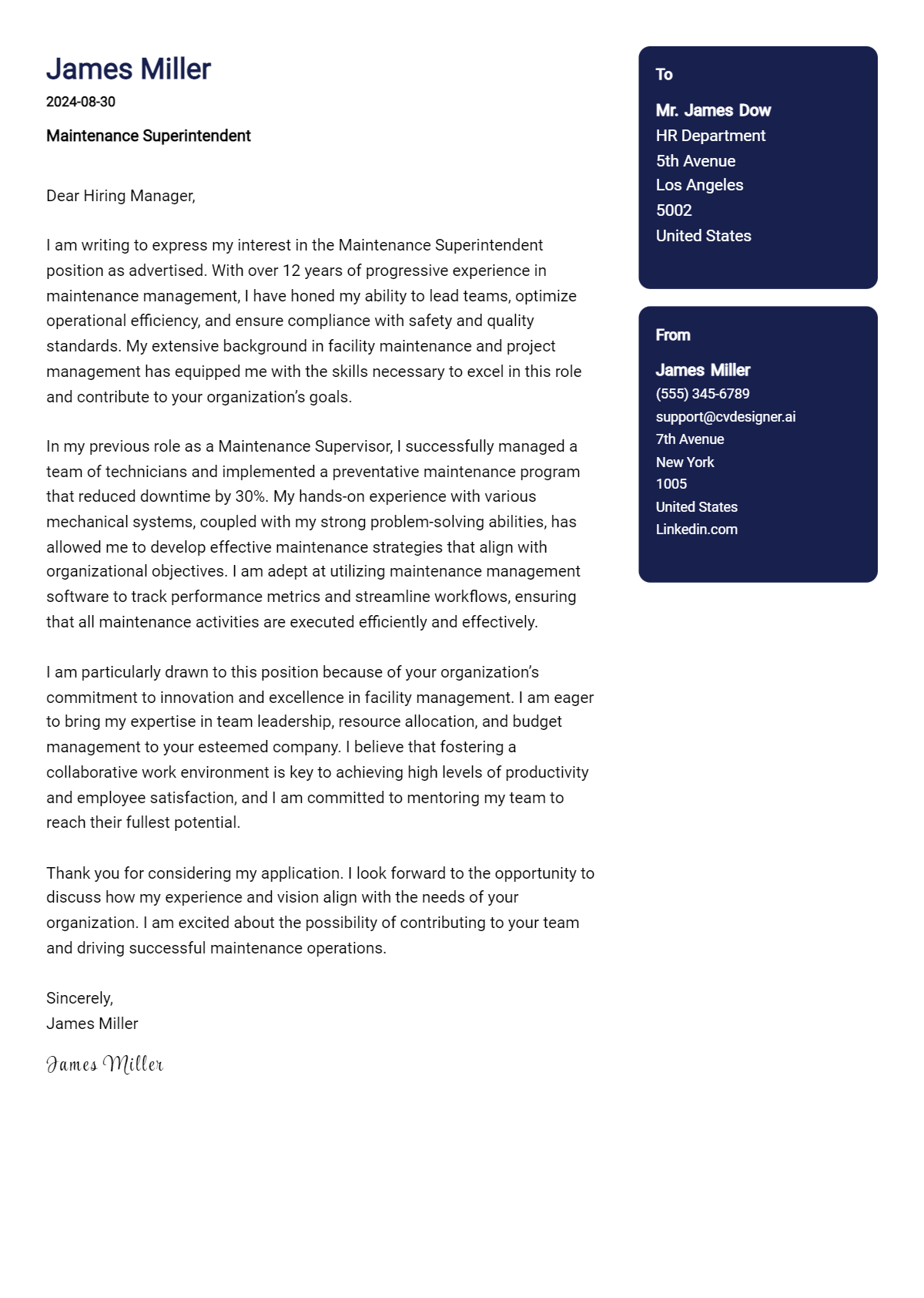 Maintenance Superintendent Cover Letter Example for 2026 (Download Templates) Preview