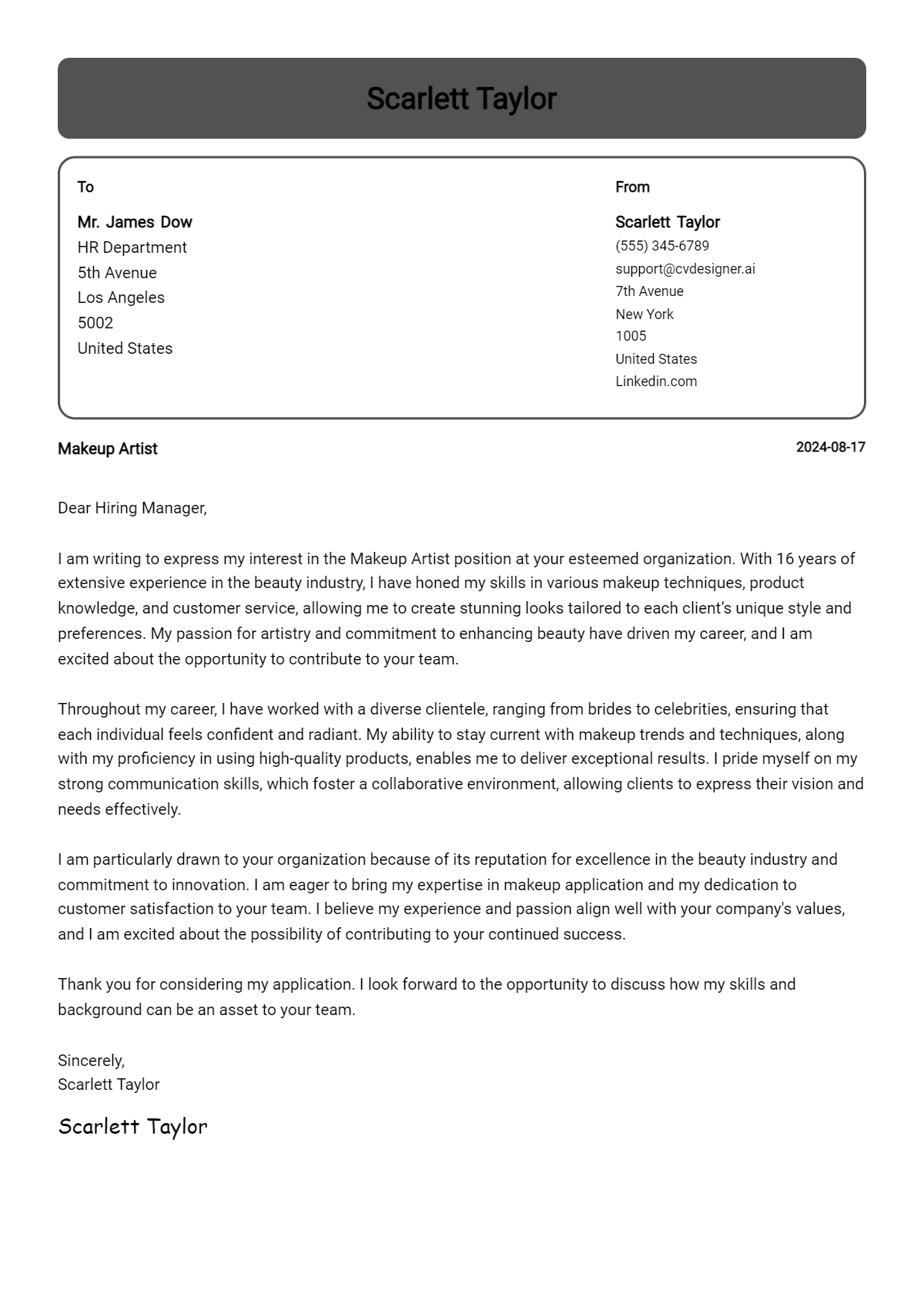 Makeup Artist Cover Letter Example for 2026: Proven Tips Preview