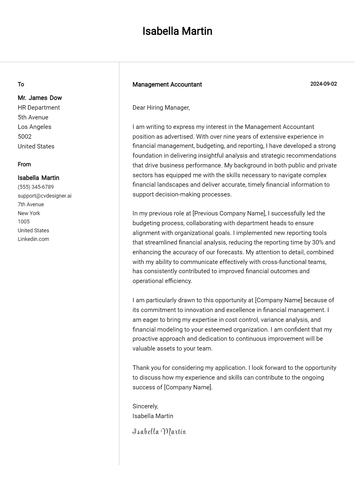 Management Accountant Cover Letter Example for 2026 (Writing Guide) Preview