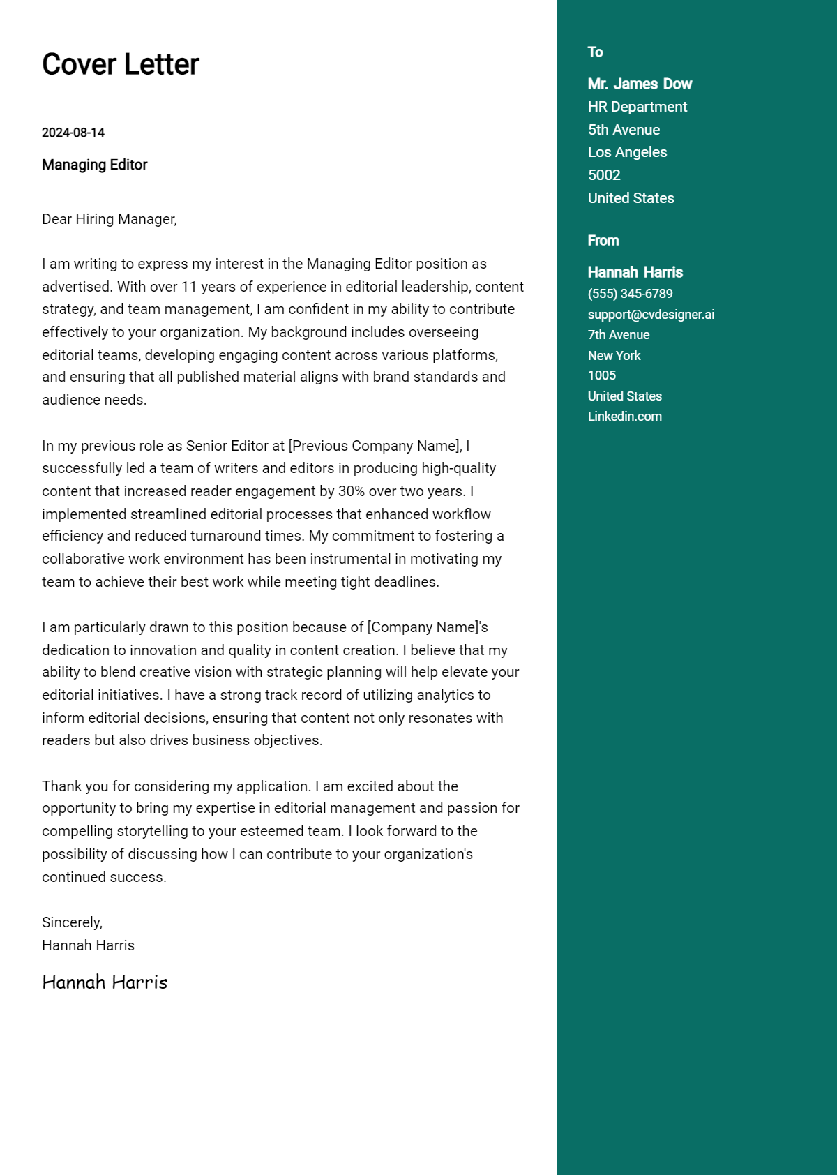Managing Editor Cover Letter Examples for 2026 (Downloadable) Preview