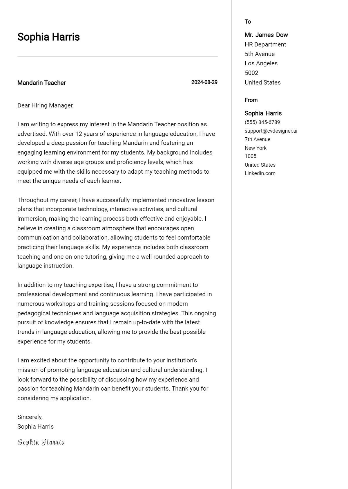 Mandarin Teacher Cover Letter Example for 2026 (Complete Writing Guide) Preview