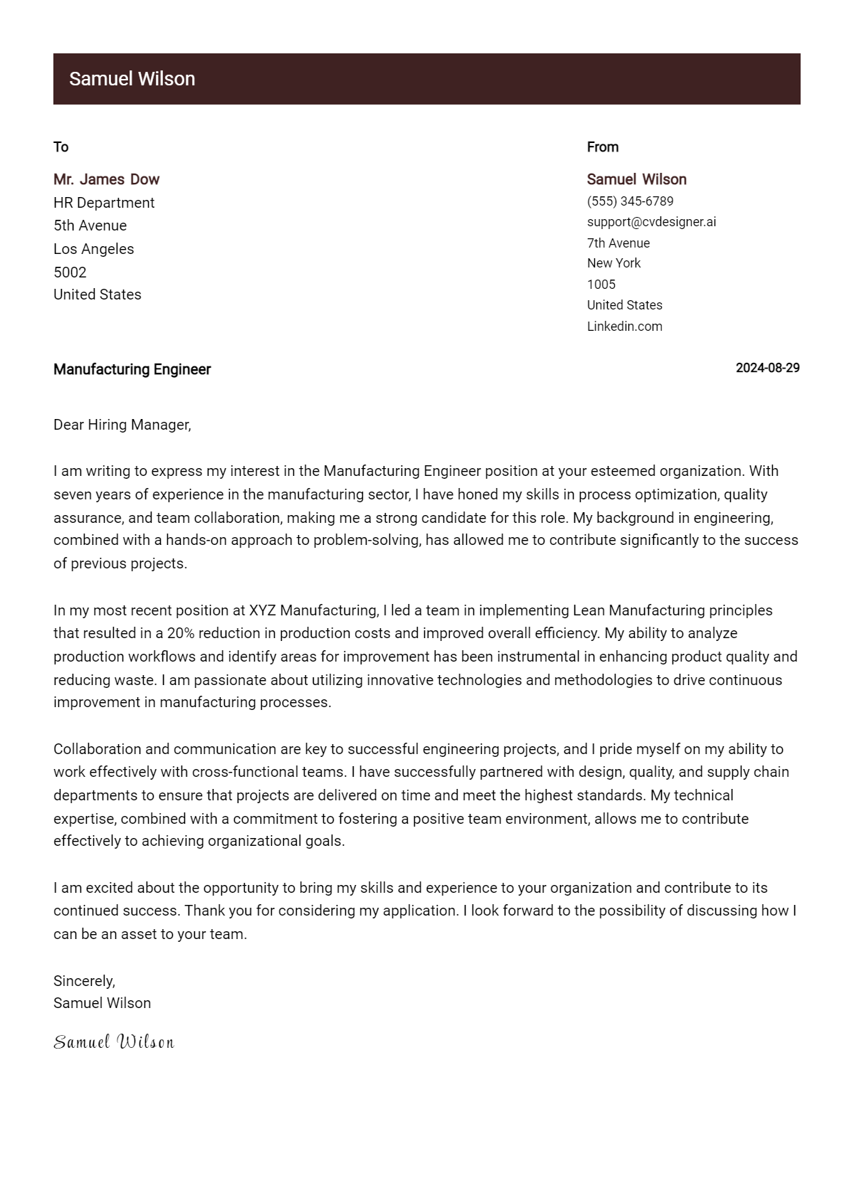 Manufacturing Engineer Cover Letter Example for 2026: Ultimate Guide Preview