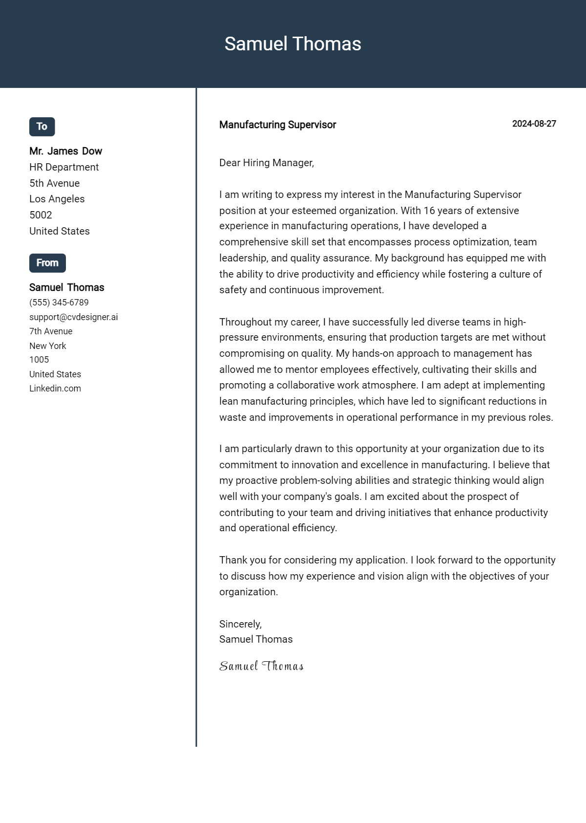 21 Manufacturing Supervisor Cover Letter Examples for 2026 (Downloadable) Preview