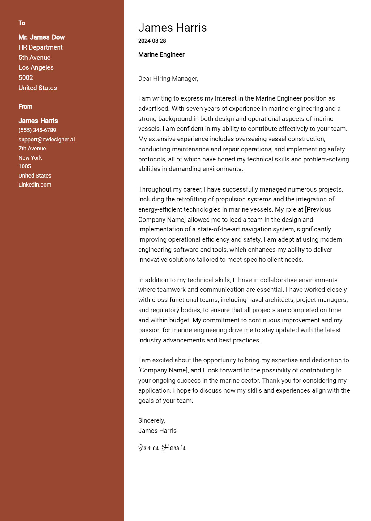 Marine Engineer Cover Letter Example for 2026 (Free Templates) Preview