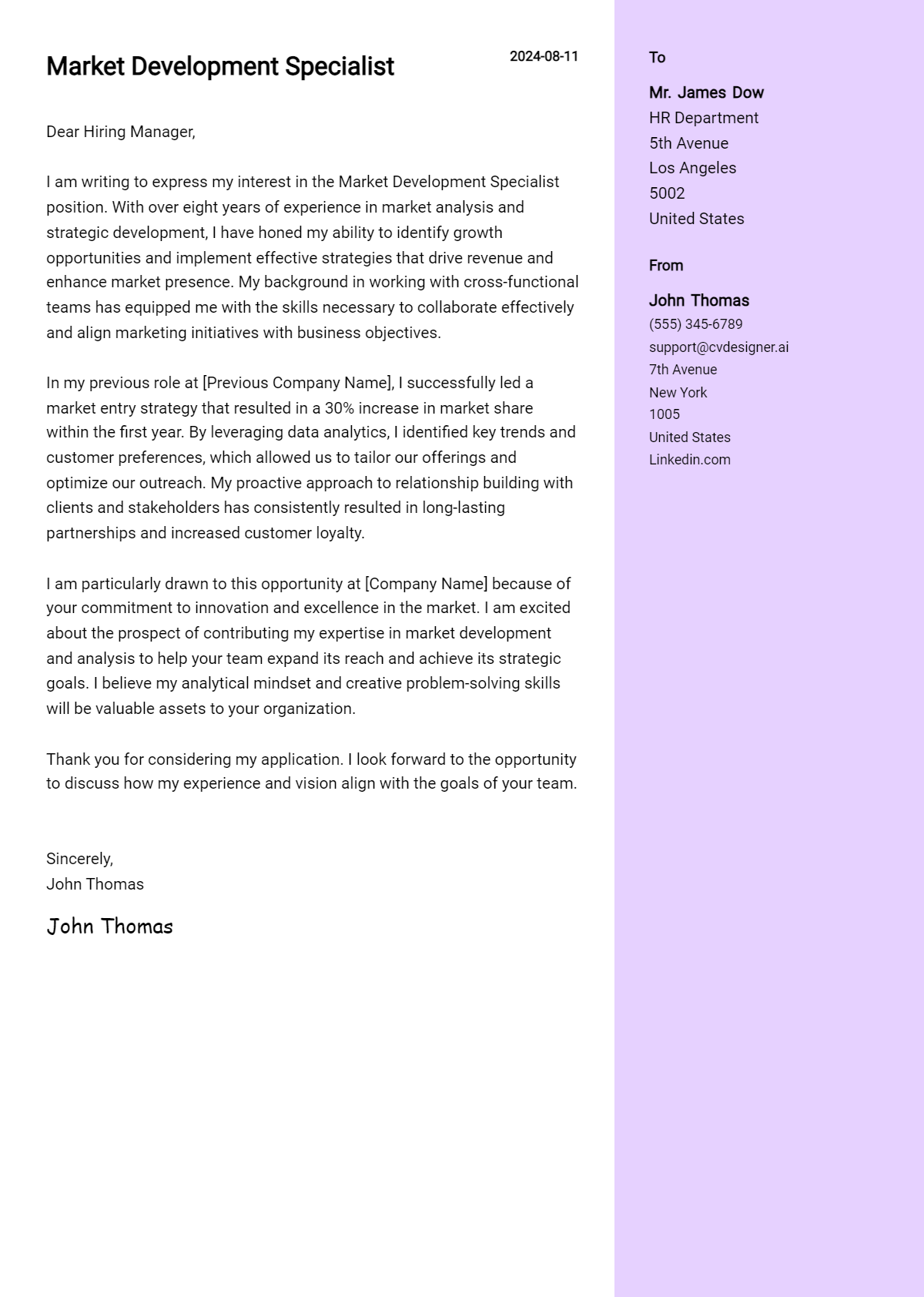 Market Development Specialist Cover Letter Example for 2026: Tips & Templates Preview