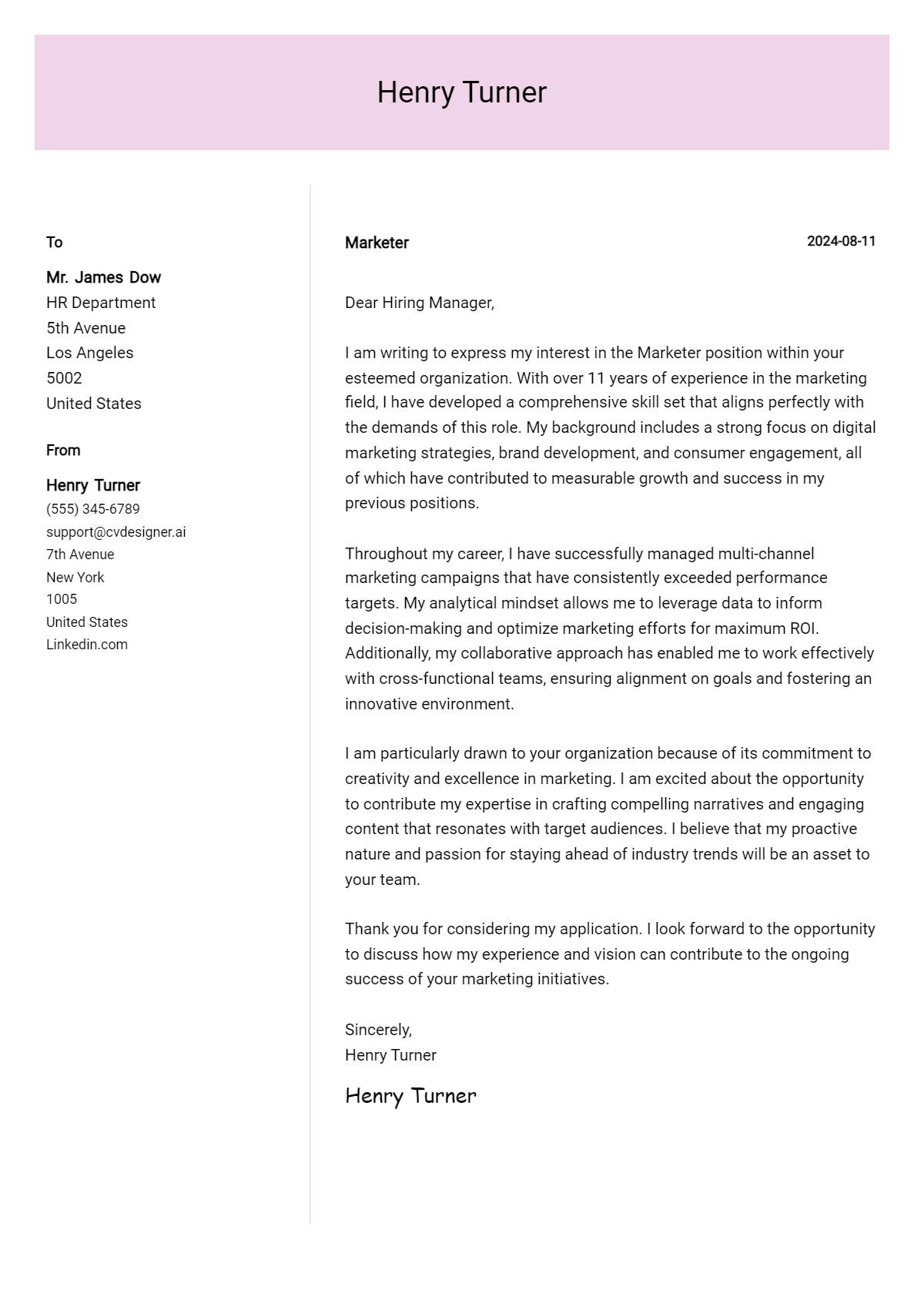 marketer cover letter example