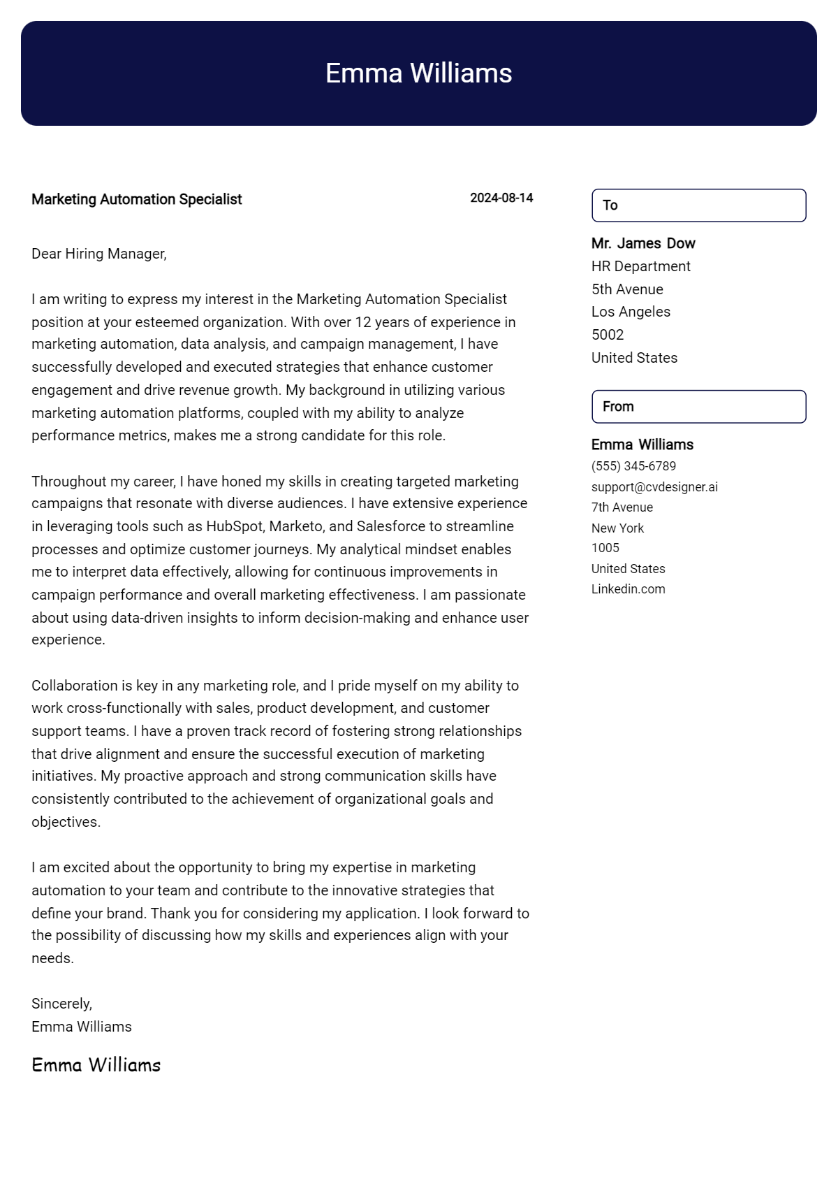 Marketing Automation Specialist Cover Letter Example for 2026: Top CV Skills Preview