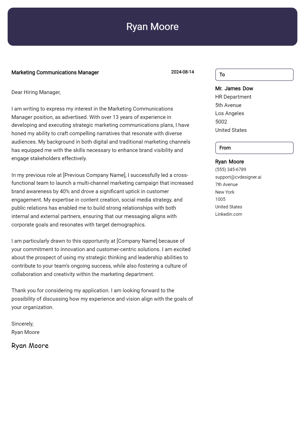 Marketing Communications Manager Cover Letter Example for 2026: Top CV Skills Preview