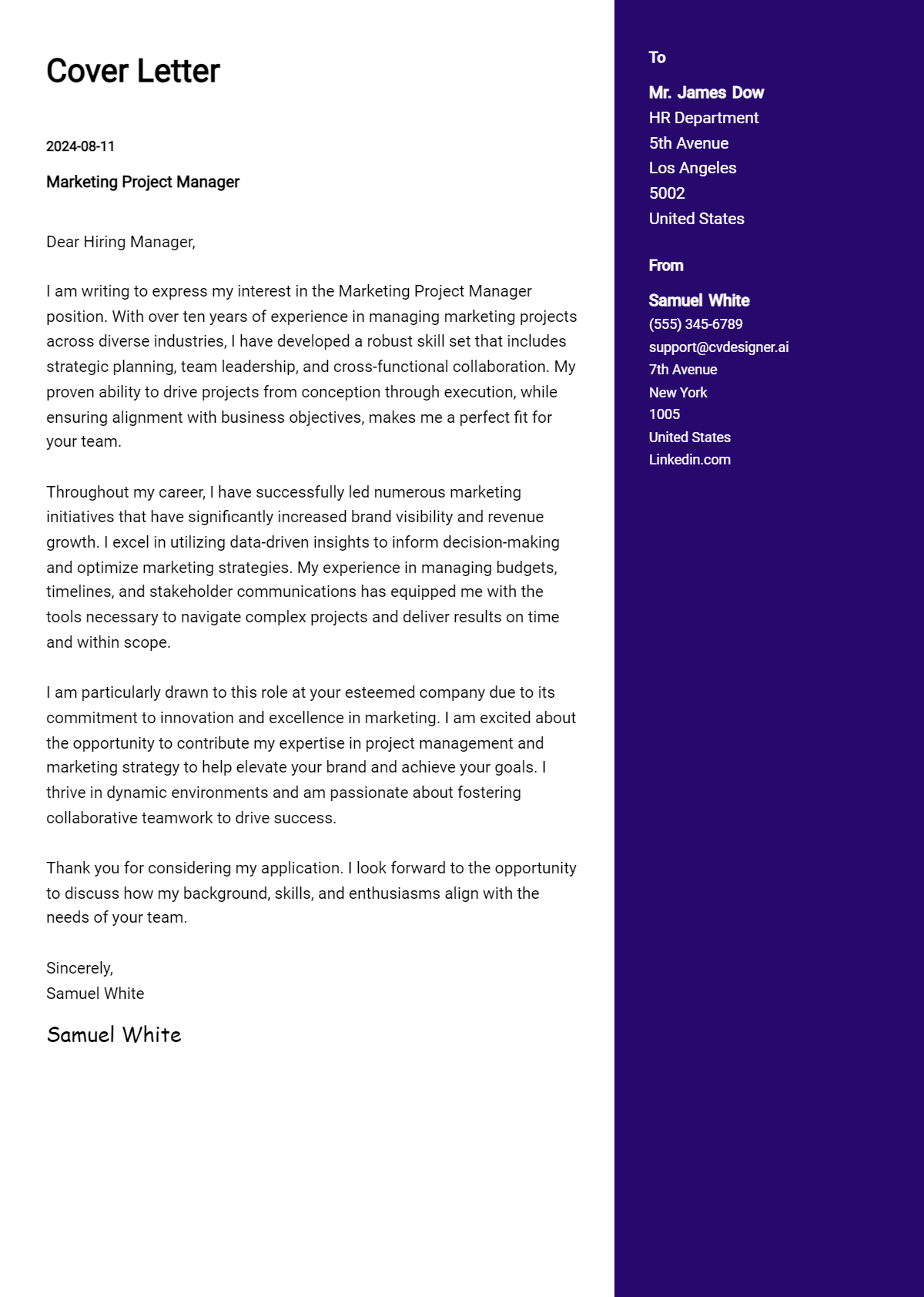 Marketing Project Manager Cover Letter Samples & Examples 2026 Preview