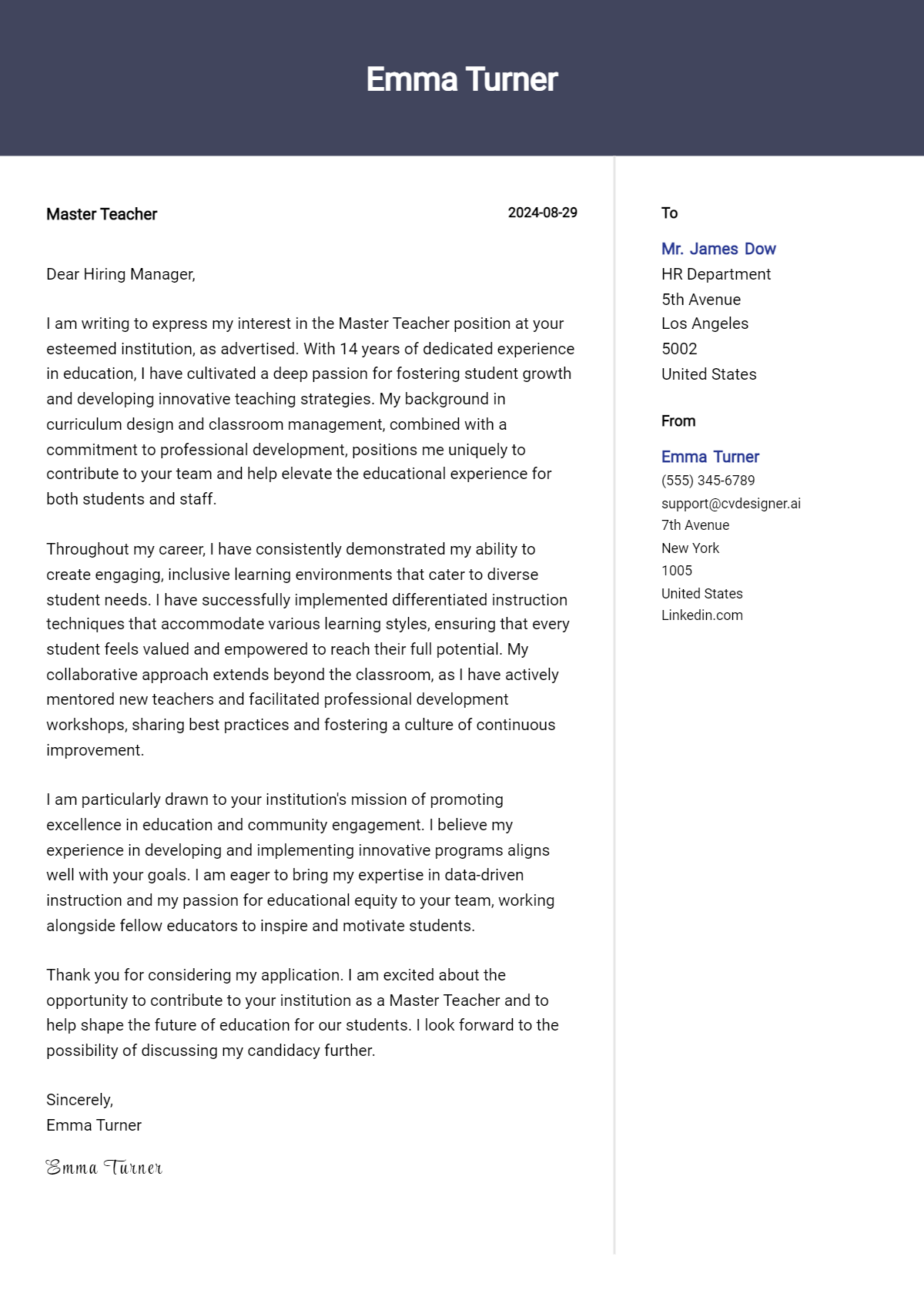 Master Teacher Cover Letter Example for 2026 (Writing Guide) Preview