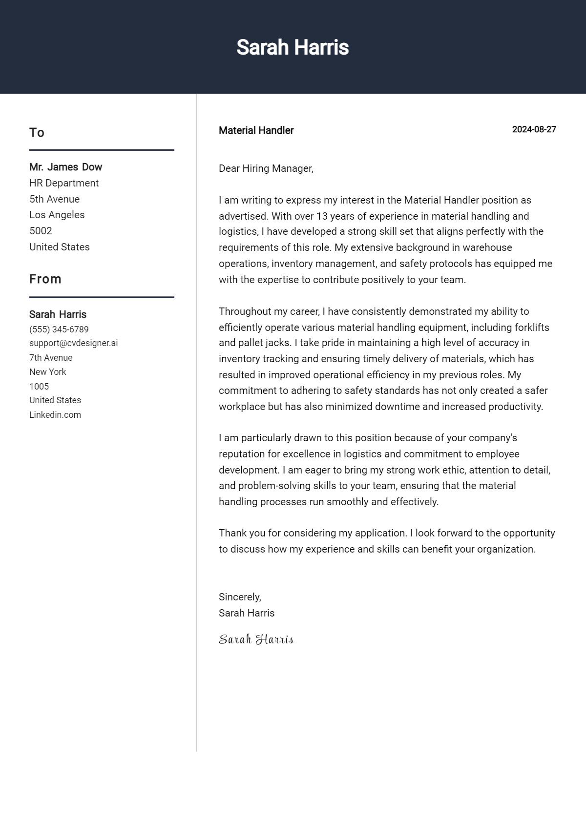 Material Handler Cover Letter Example for 2026: Free Templates Preview