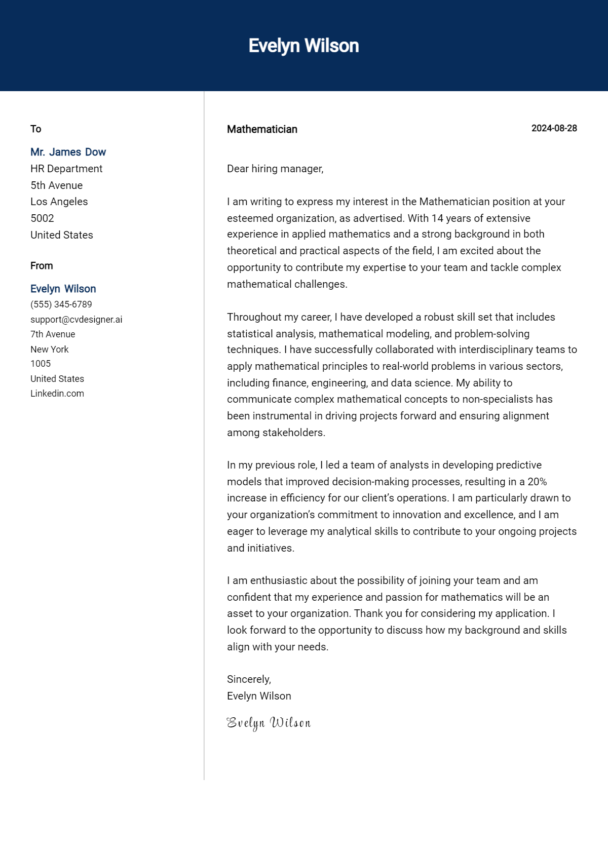 Mathematician Cover Letter Examples for 2026 (Downloadable) Preview