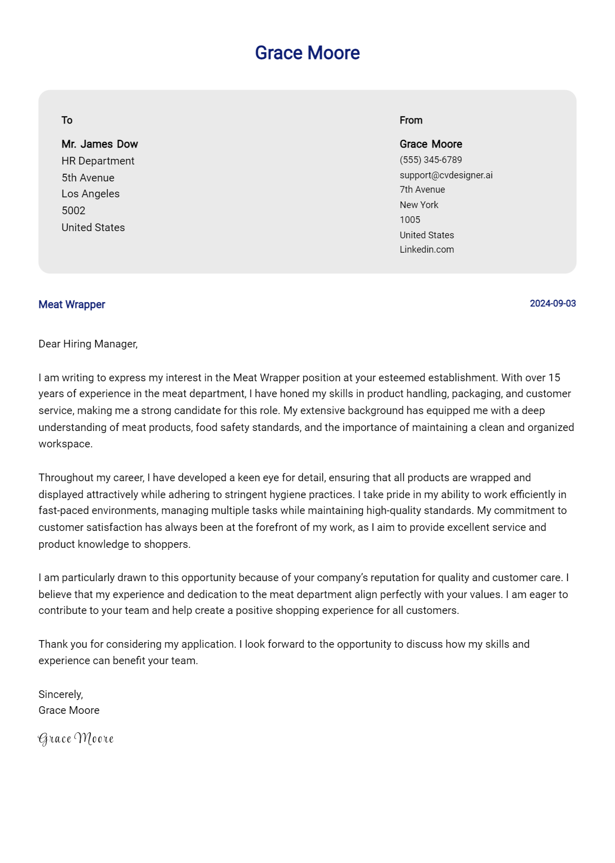 Meat Wrapper Cover Letter Example for 2026 (Writing Guide) Preview
