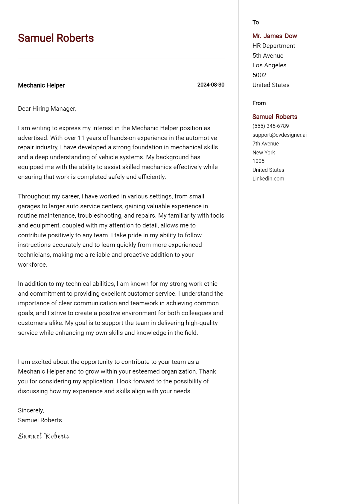 9 Mechanic Helper Cover Letter Samples & Examples 2026 Preview
