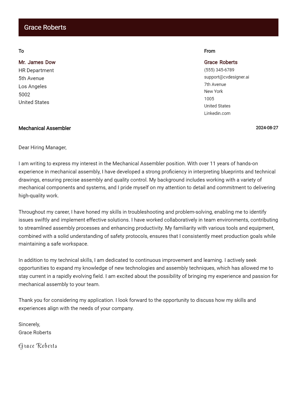Mechanical Assembler Cover Letter Examples for 2026 (Downloadable) Preview