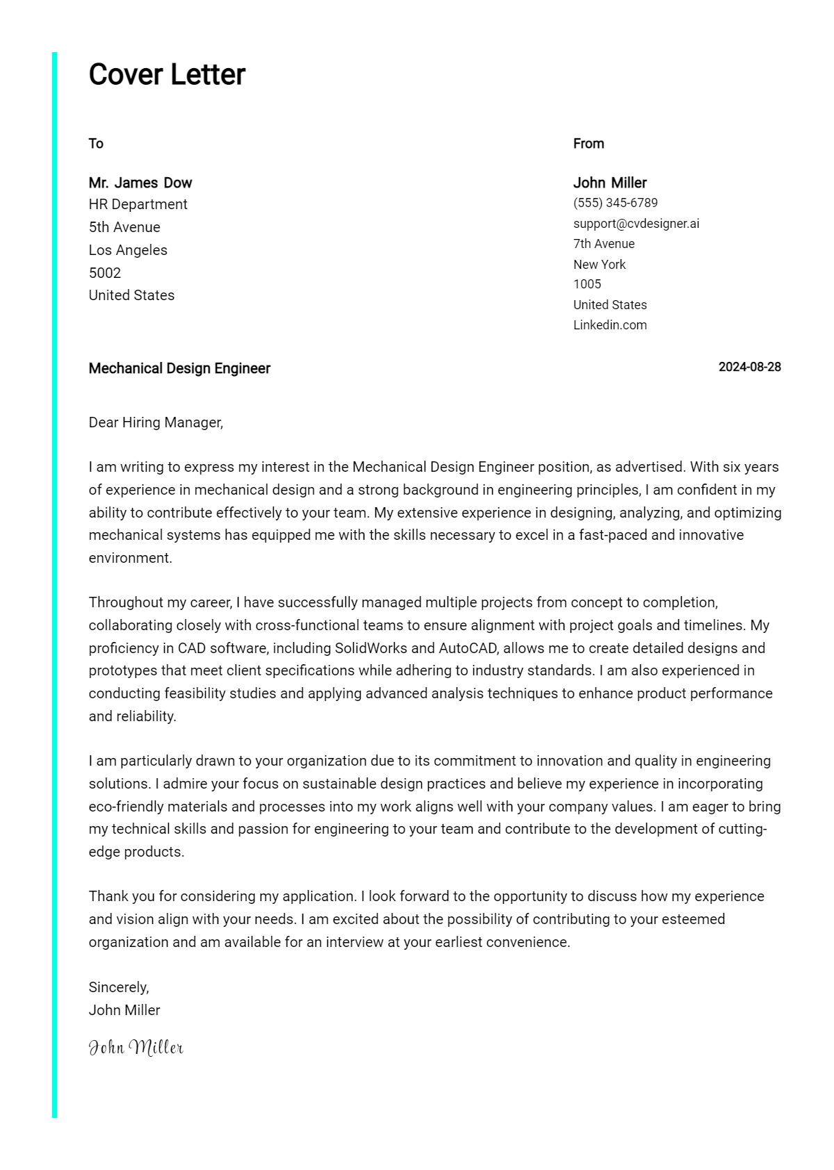 15 Mechanical Design Engineer Cover Letter Example for 2026: Free Templates Preview