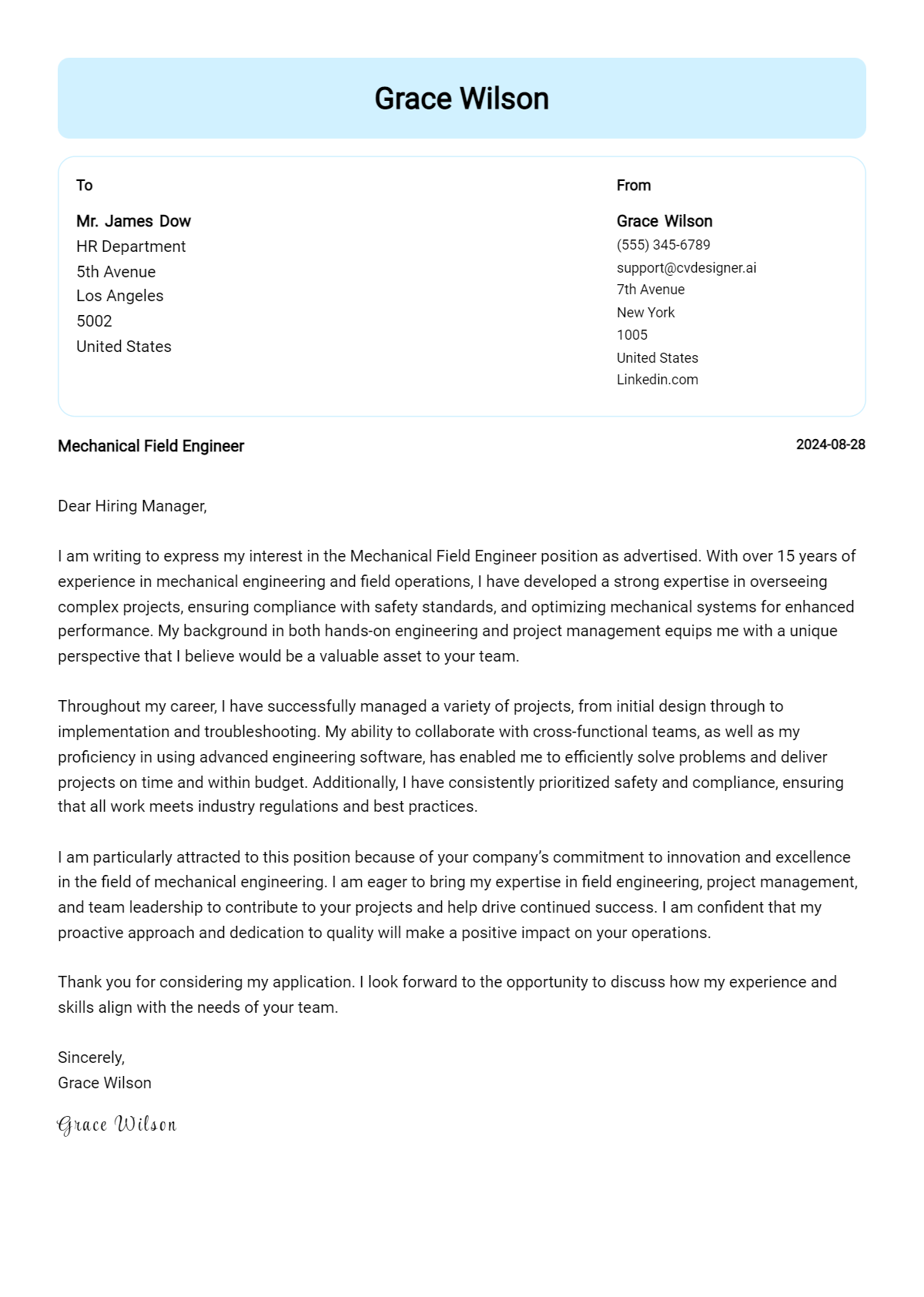 15 Mechanical Field Engineer Cover Letter Examples for 2026 (Free Templates) Preview