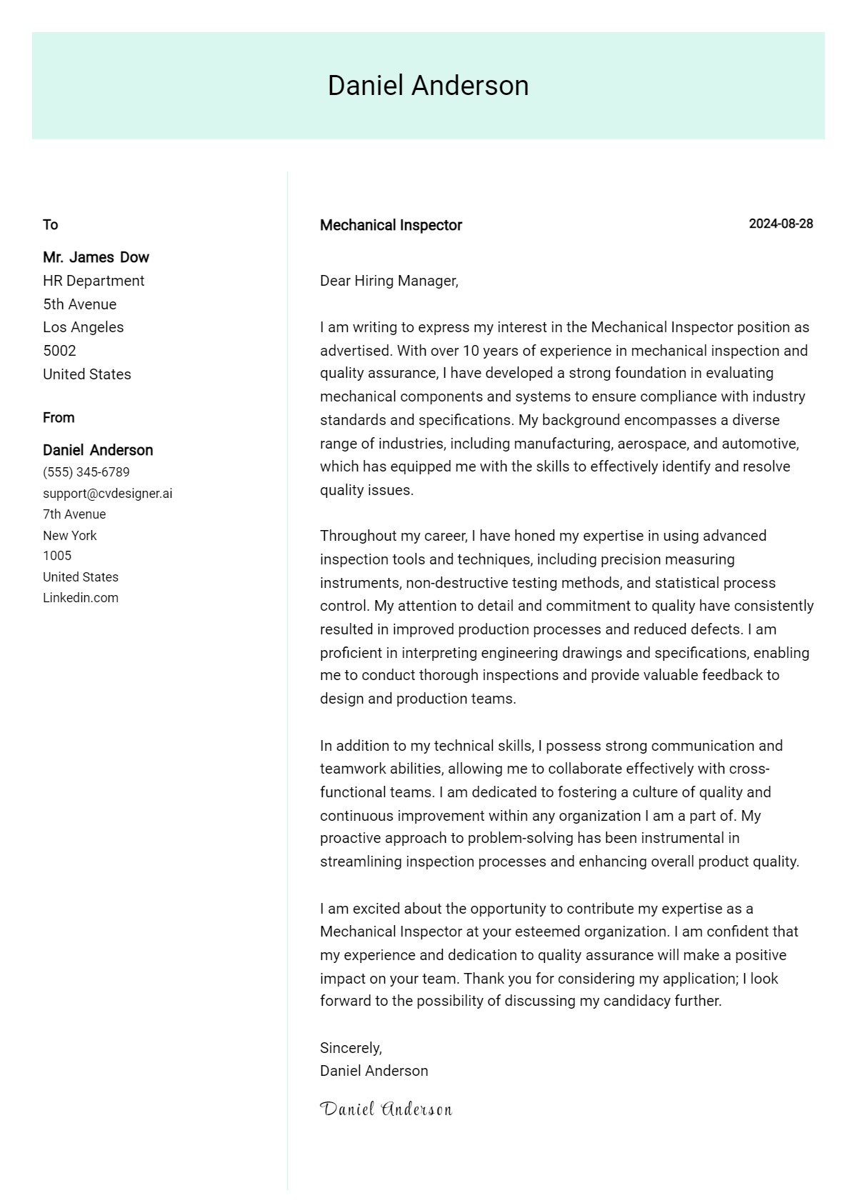 Mechanical Inspector Cover Letter Example for 2026: Tips & Templates Preview