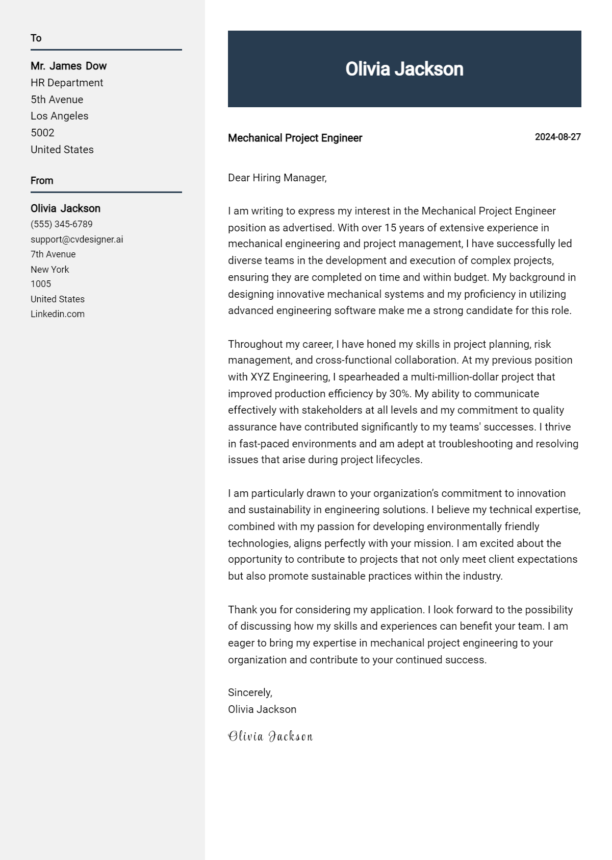 Mechanical Project Engineer Cover Letter Examples & Samples for 2026 Preview