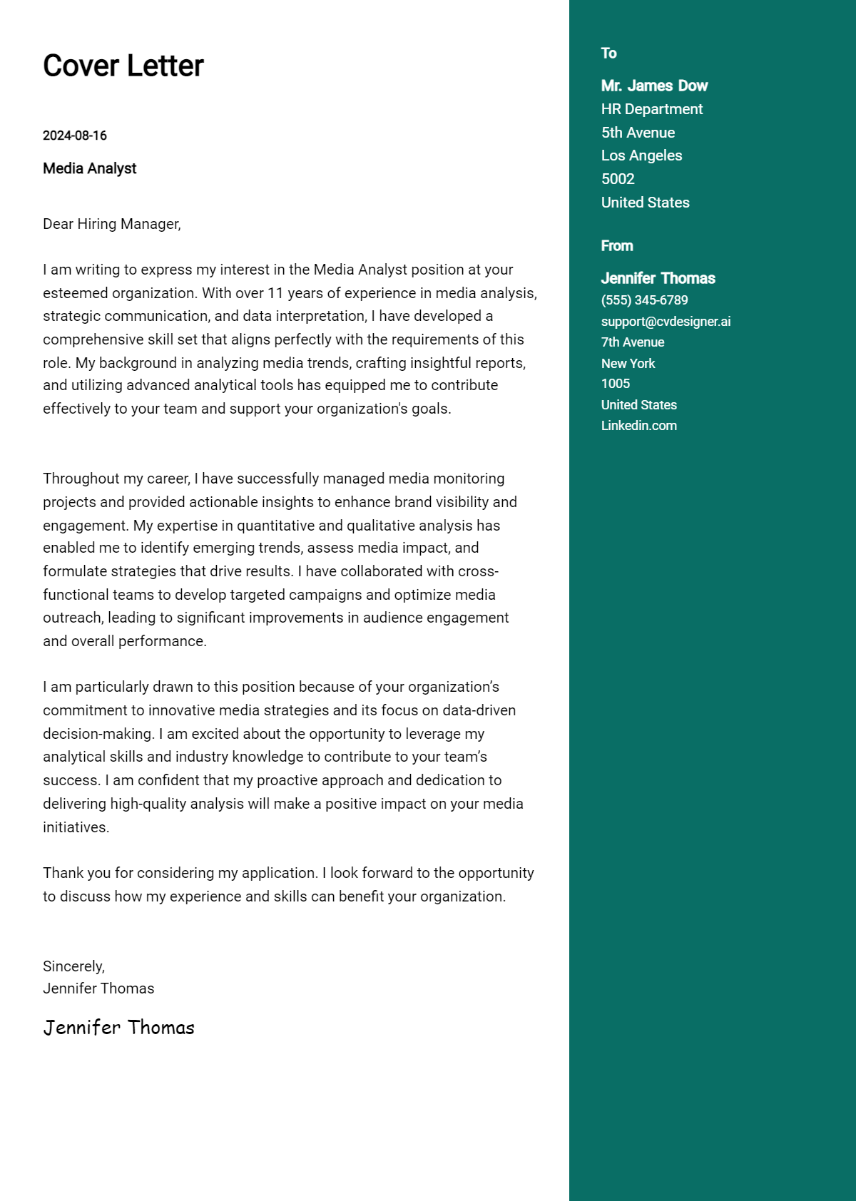 Media Analyst Cover Letter Samples & Examples 2026 Preview