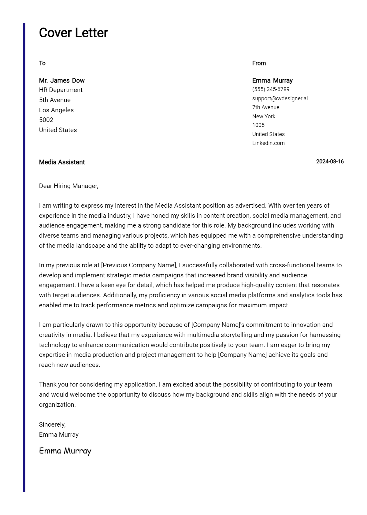 Media Assistant Cover Letter Examples with Writing Tips for 2026 Preview