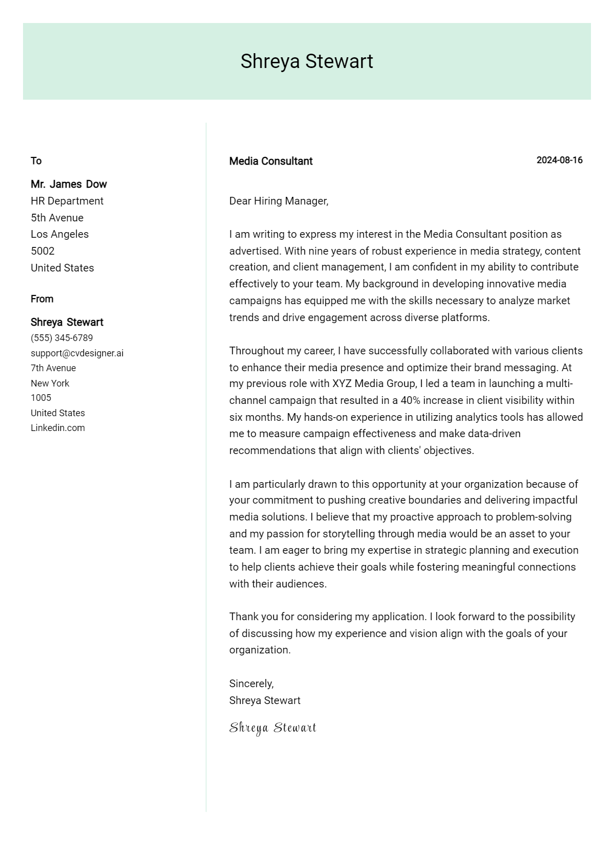 Media Consultant Cover Letter Example for 2026: Tips & Templates Preview