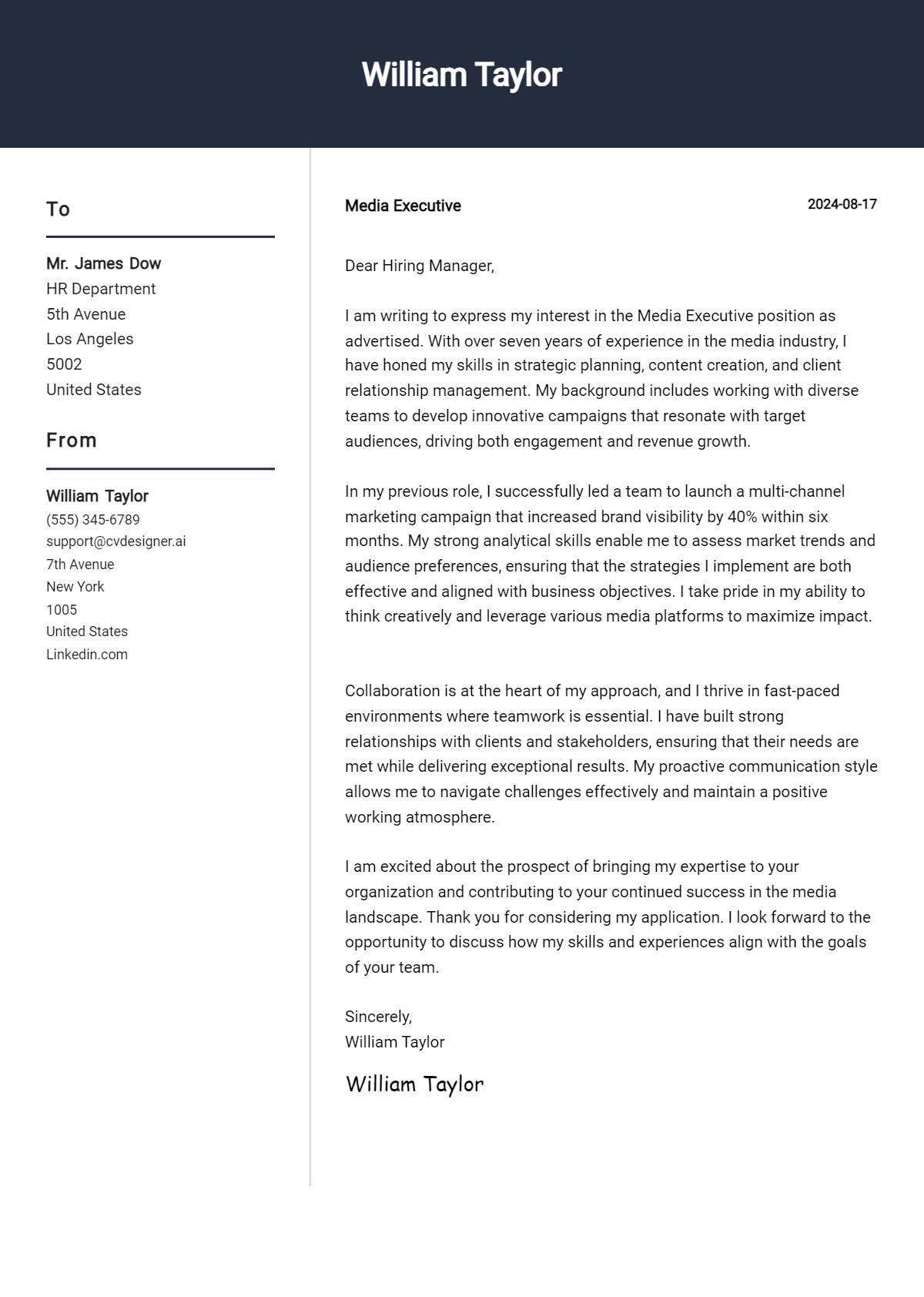 Media Executive Cover Letter Samples & Examples 2026 Preview