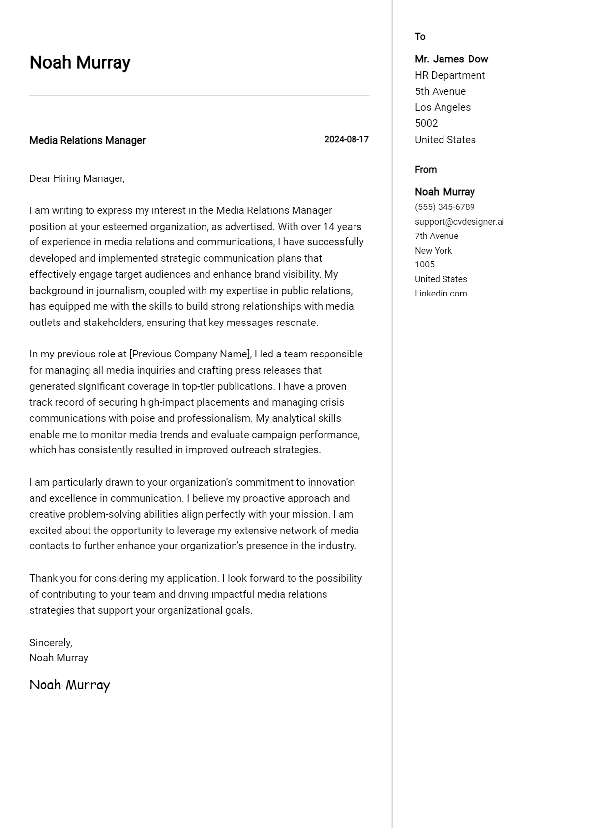 Media Relations Manager Cover Letter Samples & Examples 2026 Preview